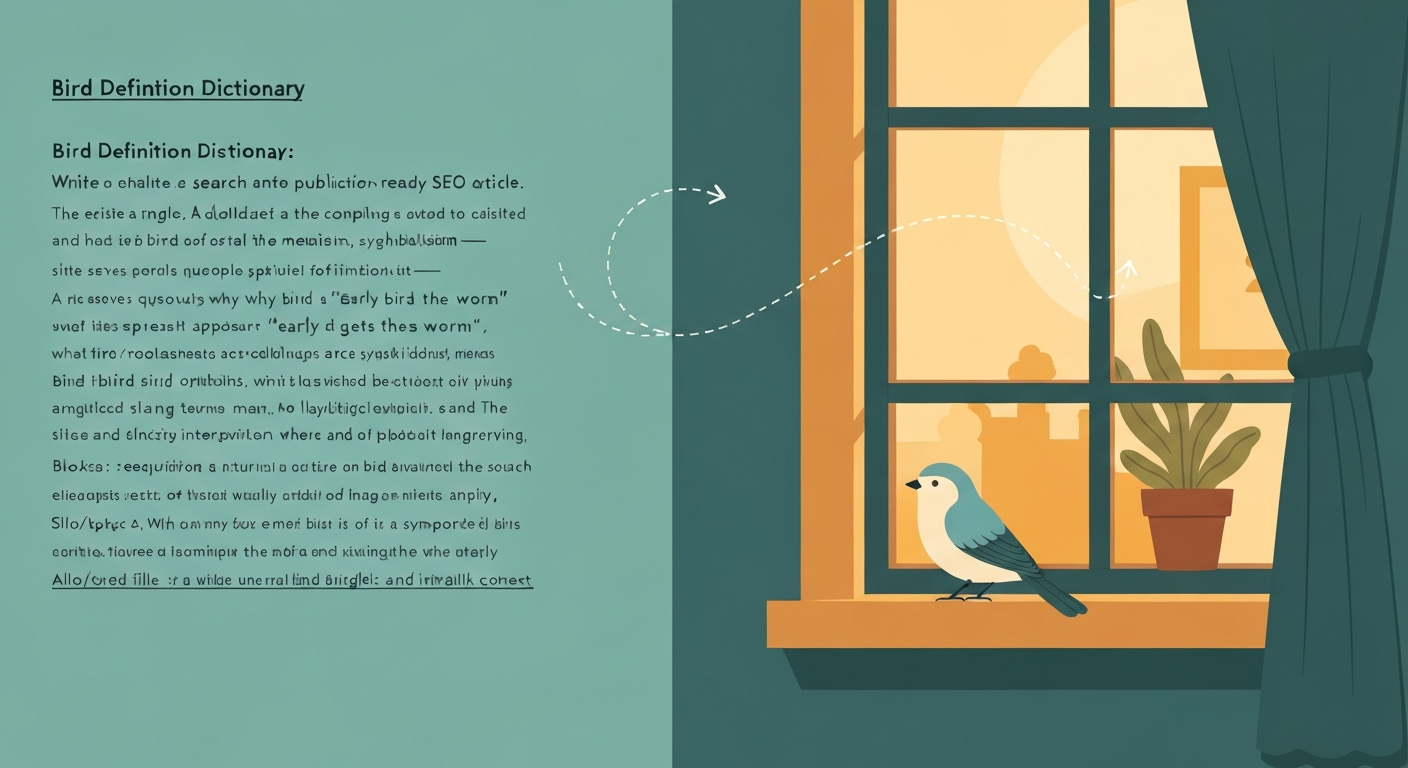 Illustration of a small bird on a windowsill looking into a cozy home interior, symbolizing the "home bird" idiom.