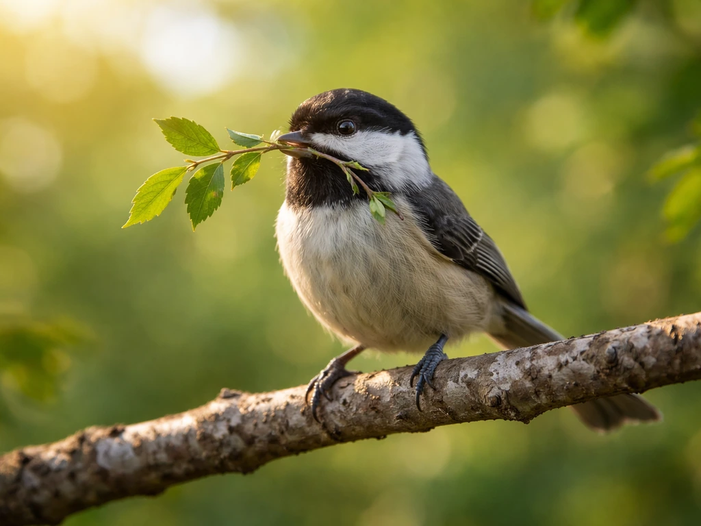 Small songbird perched on a branch, holding a leafy twig in its beak outdoors.