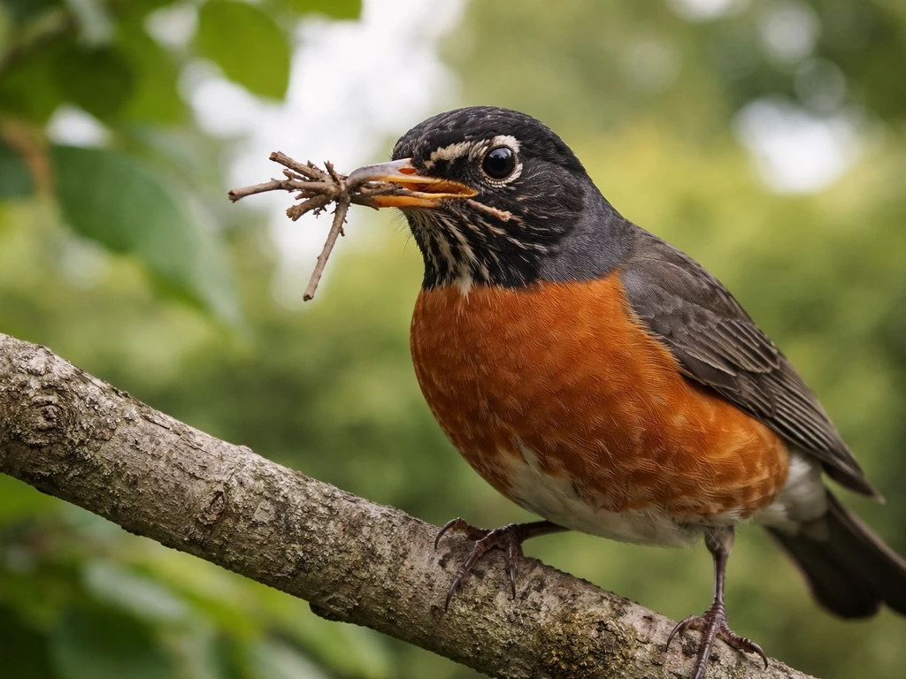 Close-up of a robin-like bird carrying a twig in its beak toward a nest site.