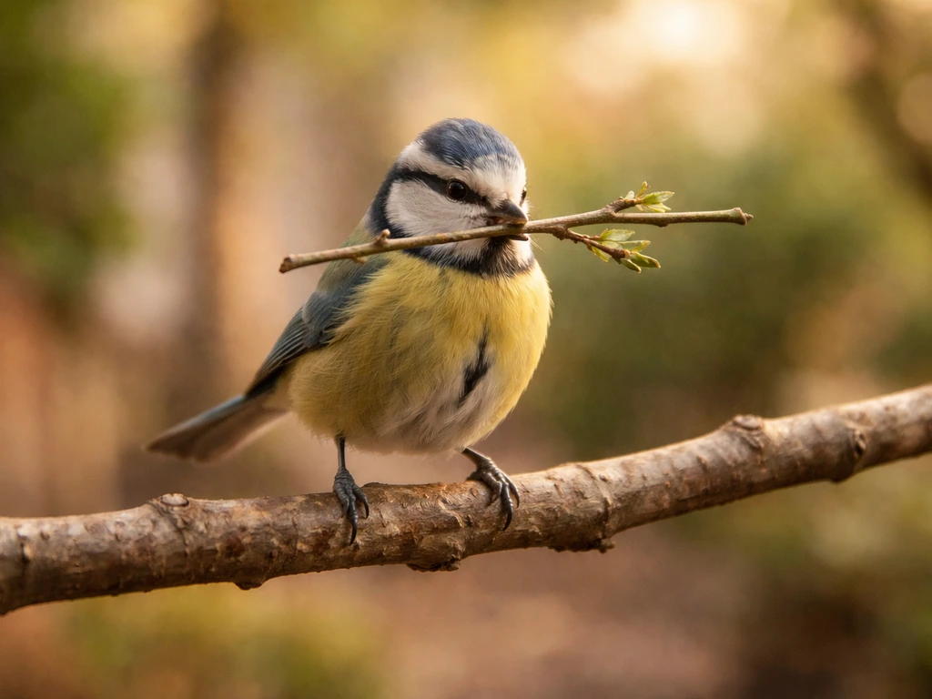 Close-up of a small bird perched with a twig held in its beak, symbolizing home and devotion.