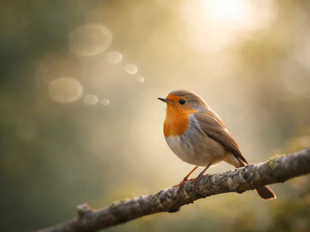 A small bird perched on a branch with subtle thought-bubble shapes blending into nature.