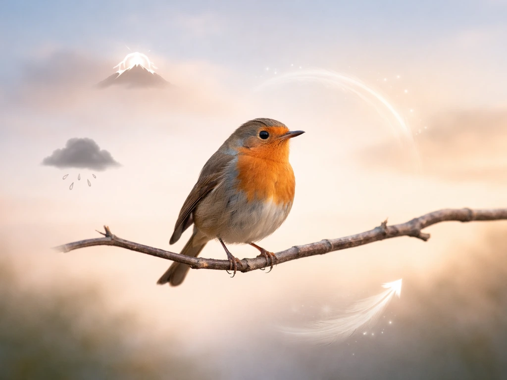 A perched bird in a minimalist sky scene with four small concept callouts around it