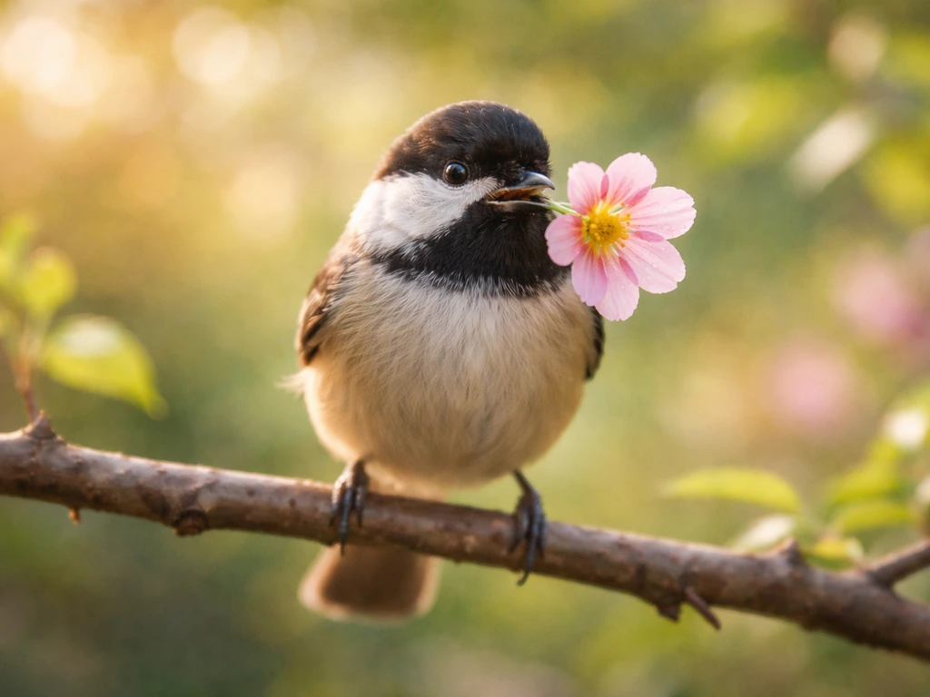 A perched bird holds a fresh flower in its mouth, with soft spring greenery in the background.