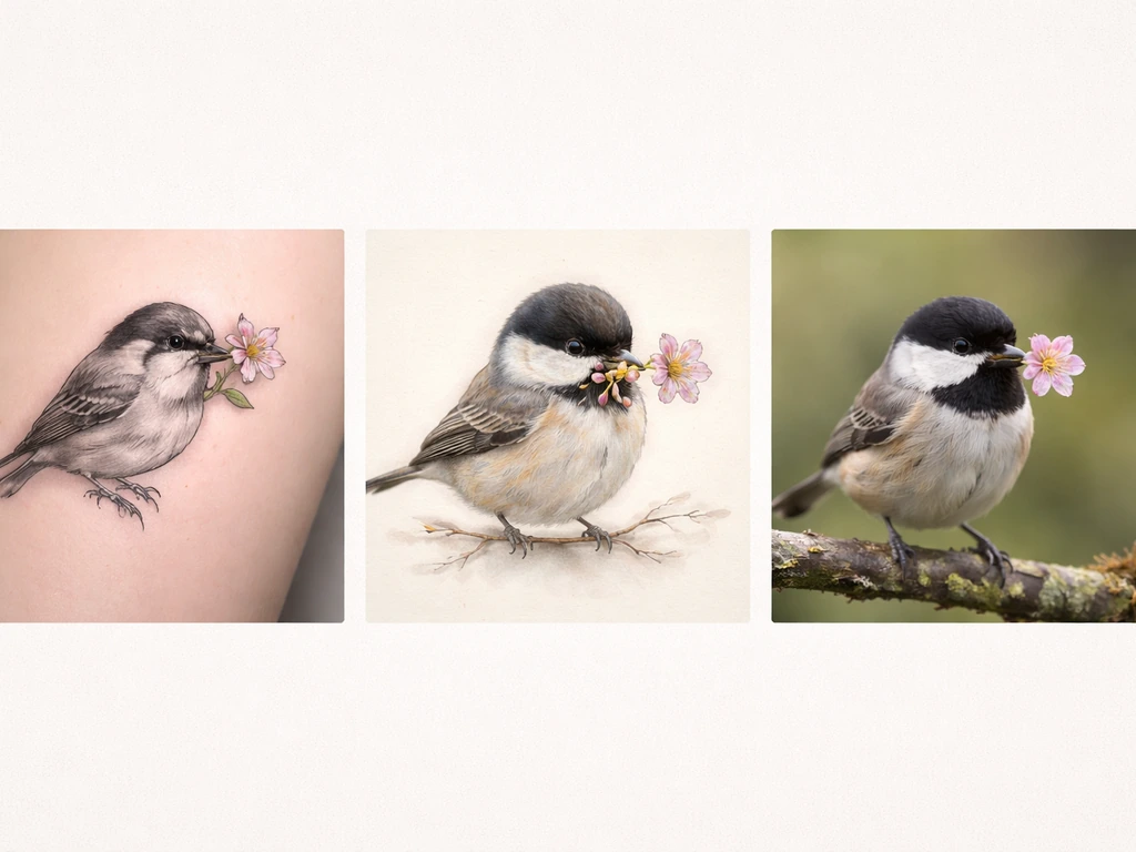 Collage of three images showing a bird with a flower in its mouth: tattoo, illustration, and wildlife photo.