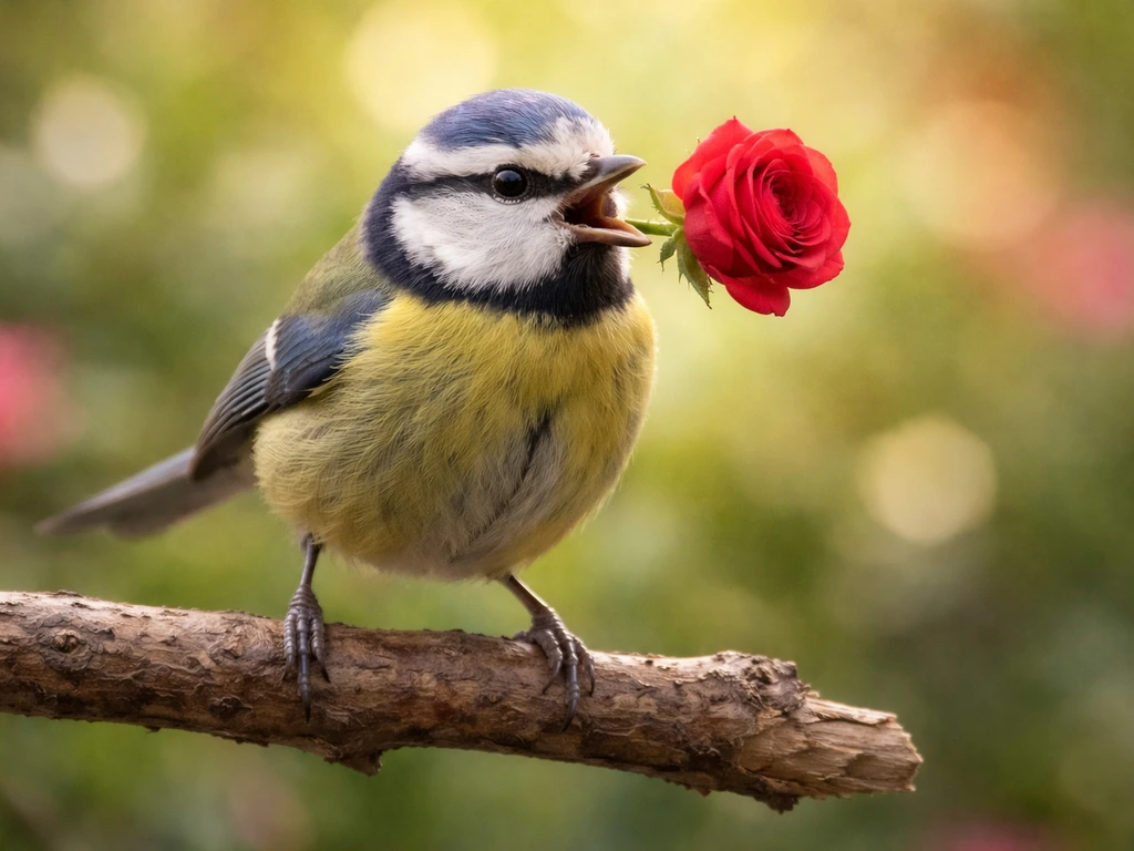 Close-up of a small bird holding a vivid red rose on a simple wooden branch