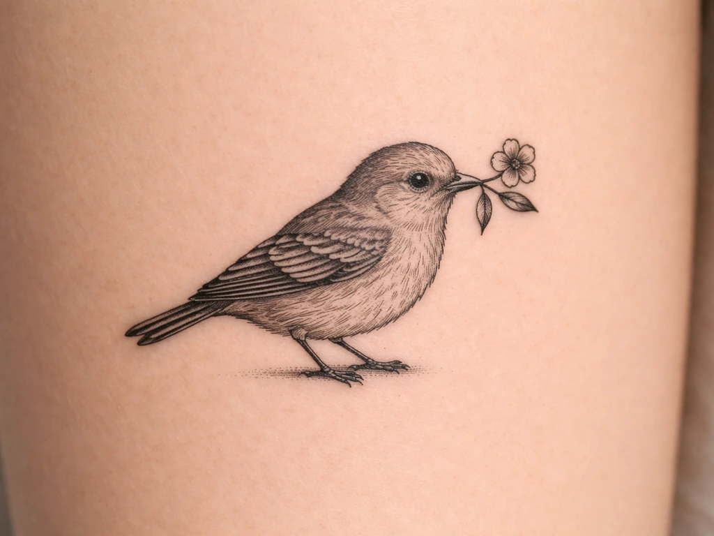 Close-up of a blackwork fineline tattoo of a bird holding a flower