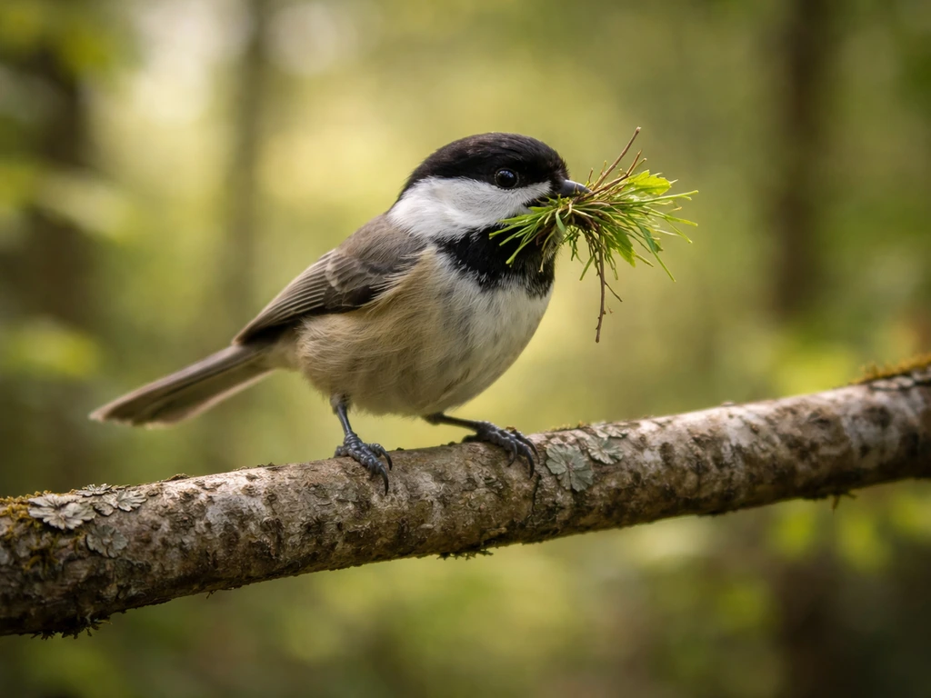 Small wild bird perched on a branch carrying fresh leaves for nest building.