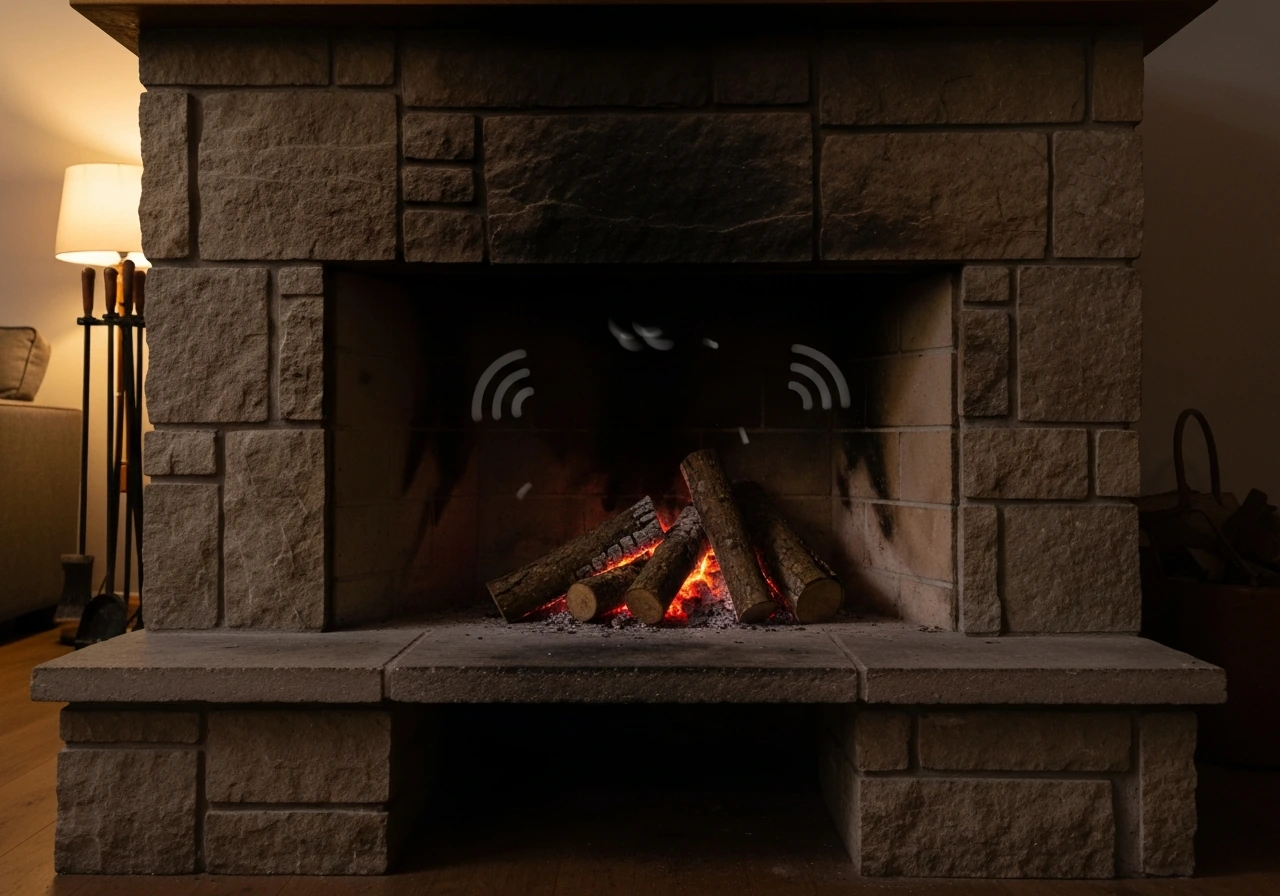 Minimal photo of a fireplace with subtle motion cues suggesting scratching/fluttering sounds.