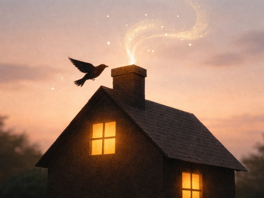 A small bird silhouette entering a chimney with warm light from a cozy home silhouette, folklore-like omen motif