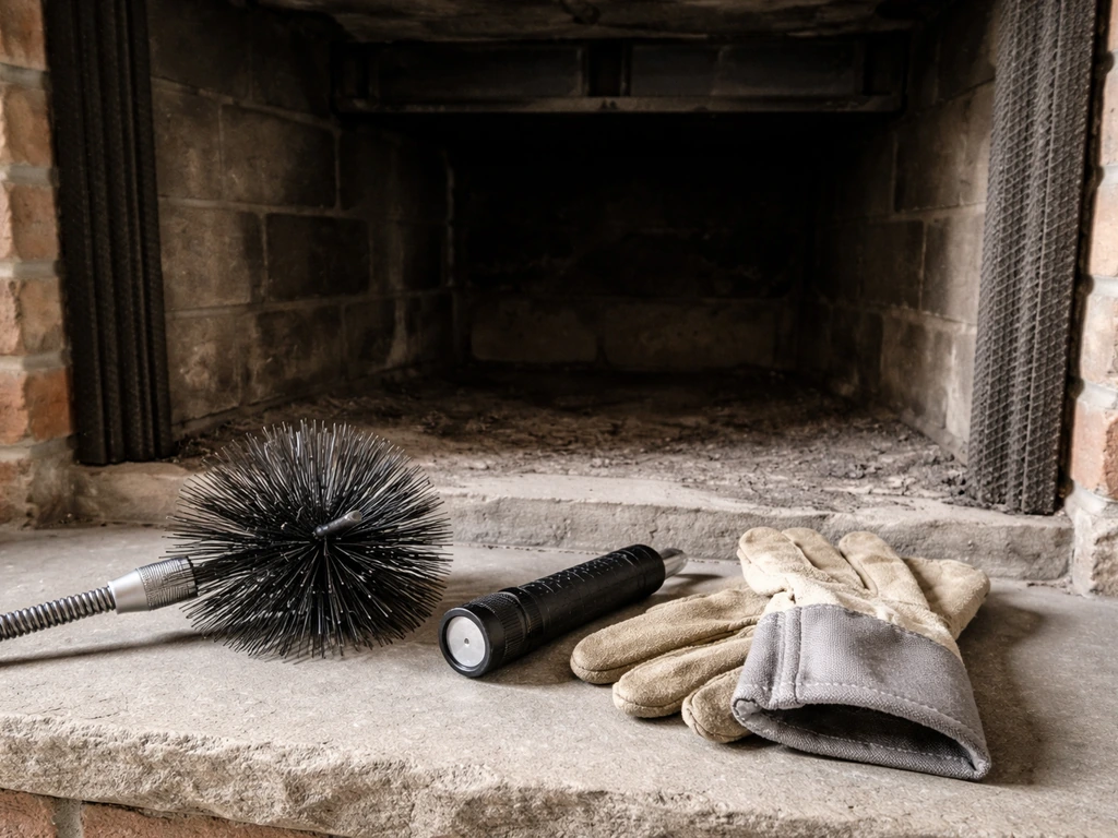 Close-up of an unlit fireplace flue area with chimney tools laid out to safely locate a bird