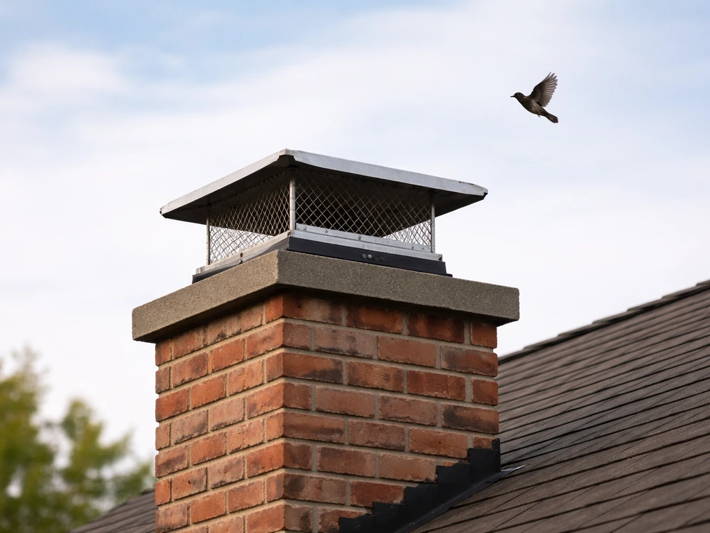 Brick chimney with a metal cap/screen blocking birds, with a small bird silhouette approaching.