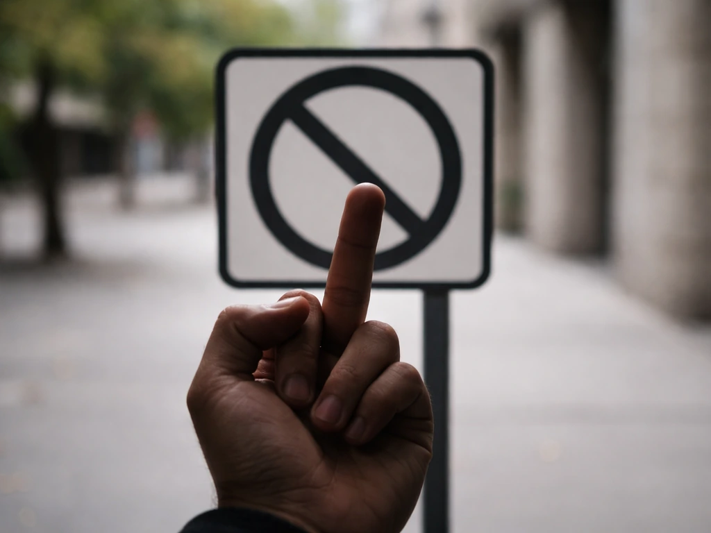 Silhouetted hand gesture blocked by a simple street-sign style no symbol, symbolizing rude gesture meaning.