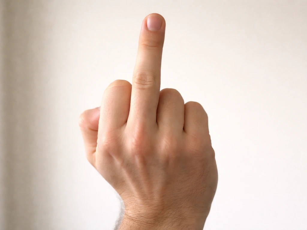 Anonymous hand with middle finger raised, other fingers folded, shown against a plain light background.