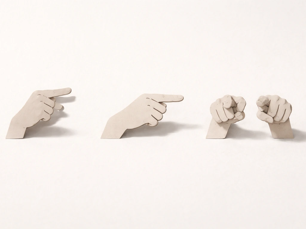 Minimal photo of three small gesture icons in a row, suggesting escalating hostility between word choices.