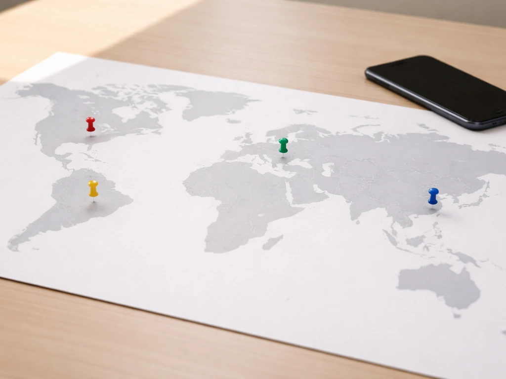 Minimal desk scene with a blank world map and colored pins in different regions, no visible text.