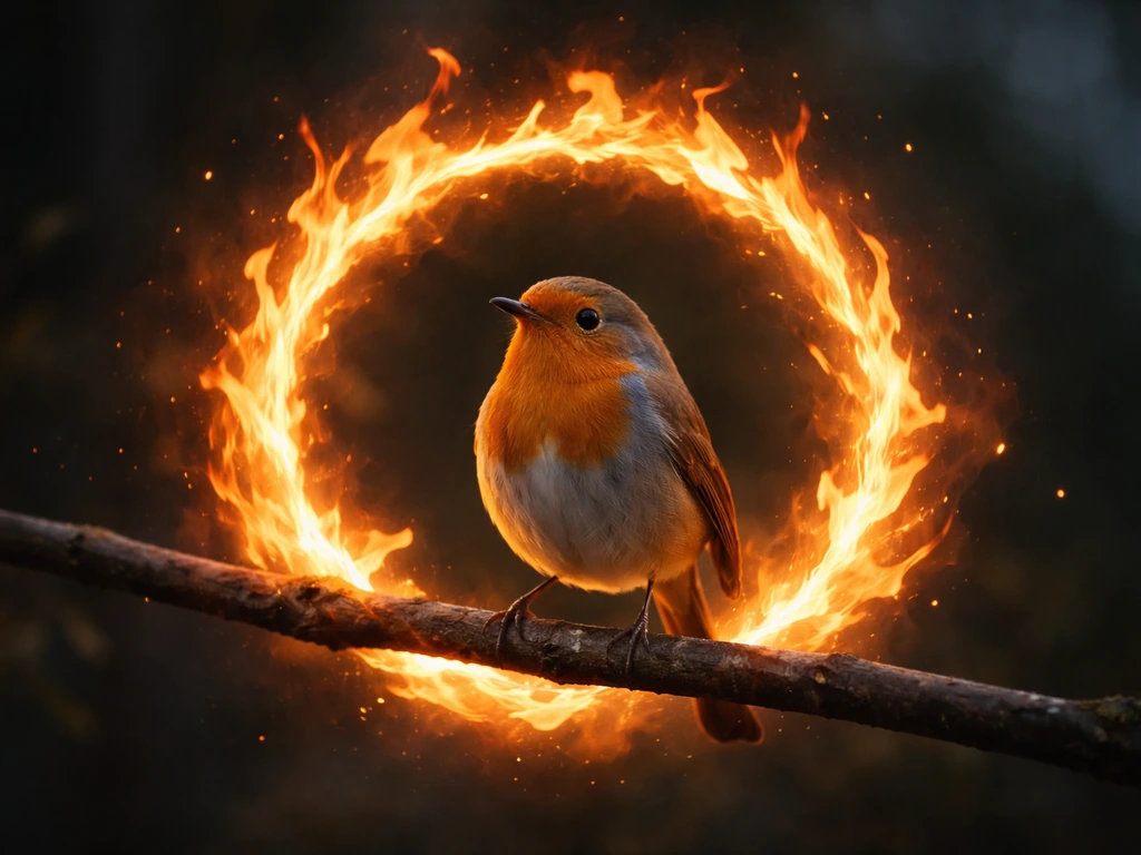 A small bird surrounded by stylized flames, symbolizing danger and transformation in a surreal, minimal scene.