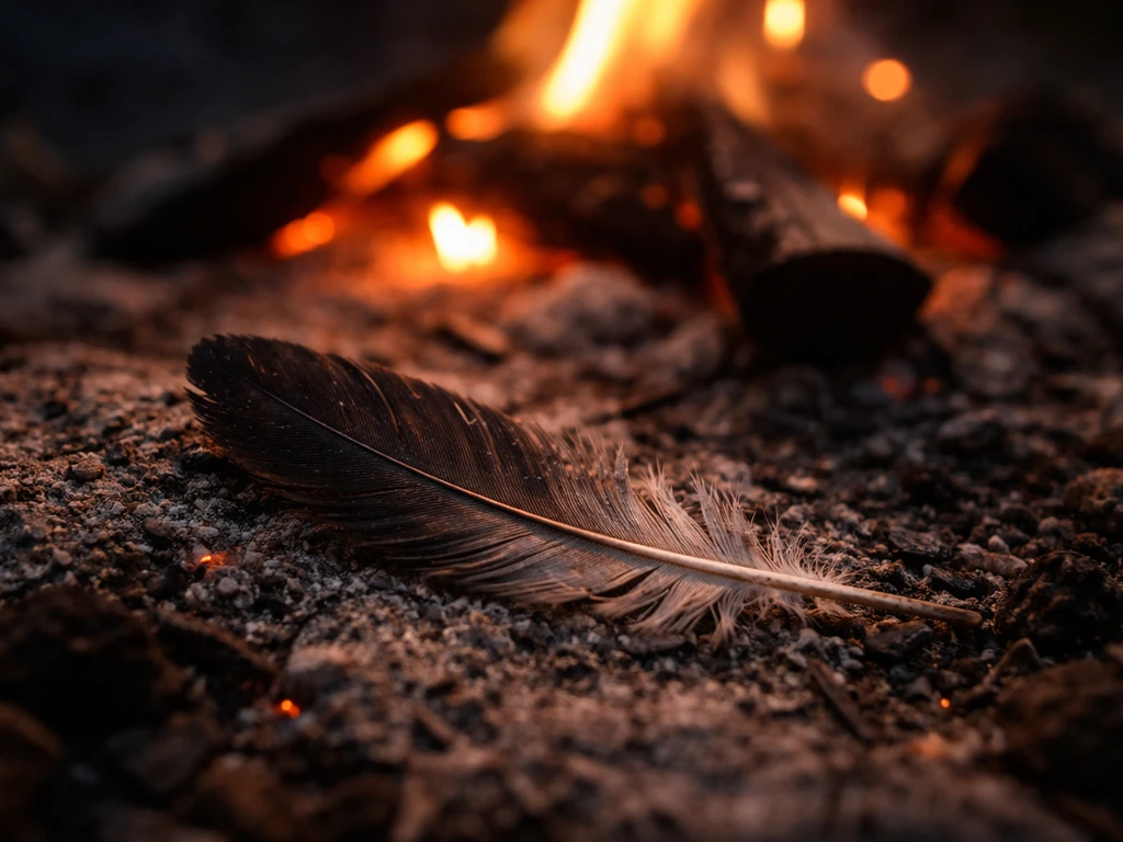 A close-up of a charred bird feather beside small flames and glowing embers, suggesting urgency and omens.