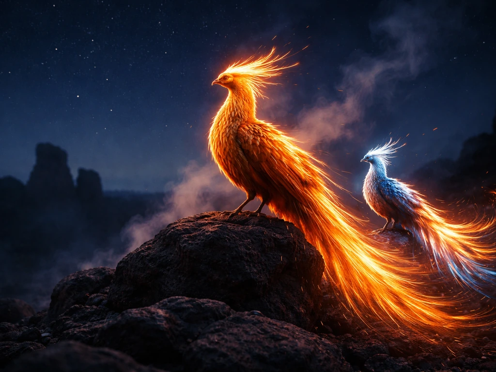 Glowing phoenix-like bird with a smaller firebird counterpart on dark rocks at night.
