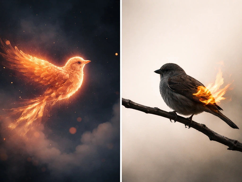 Split image contrasting a dreamy ember-bird scene with a realistic bird-on-branch flame metaphor scene.
