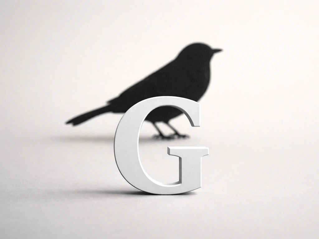 Minimal still life showing a capital G in front of a dark bird silhouette on a light background.