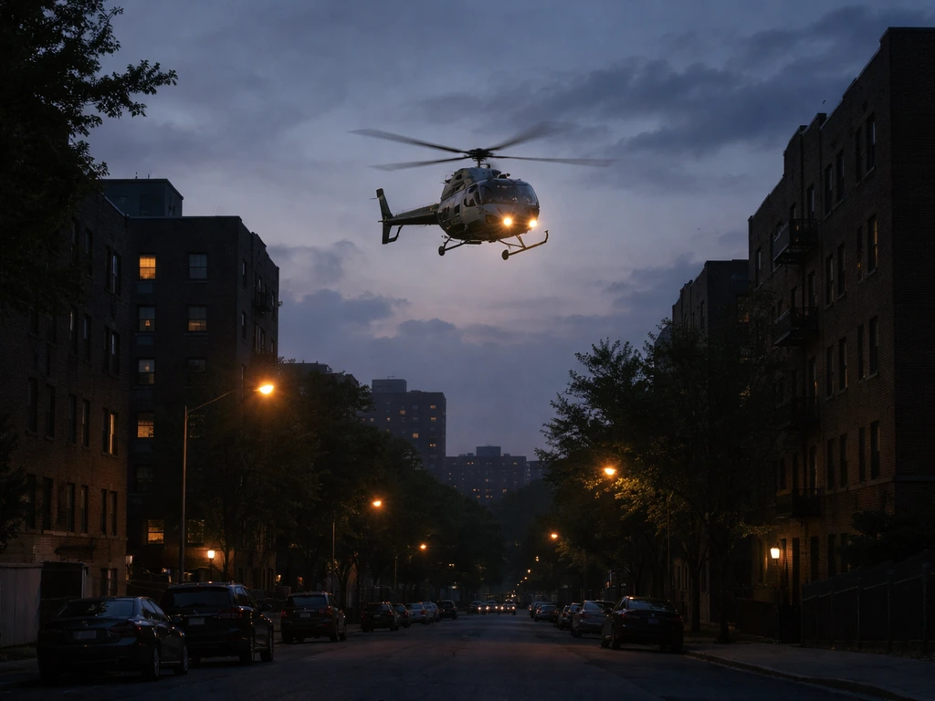 Police helicopter hovering low above an urban neighborhood, dusk sky, cinematic realism