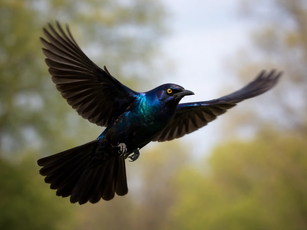 Iridescent grackle in flight with glossy blue-green feathers against a soft sky and trees.