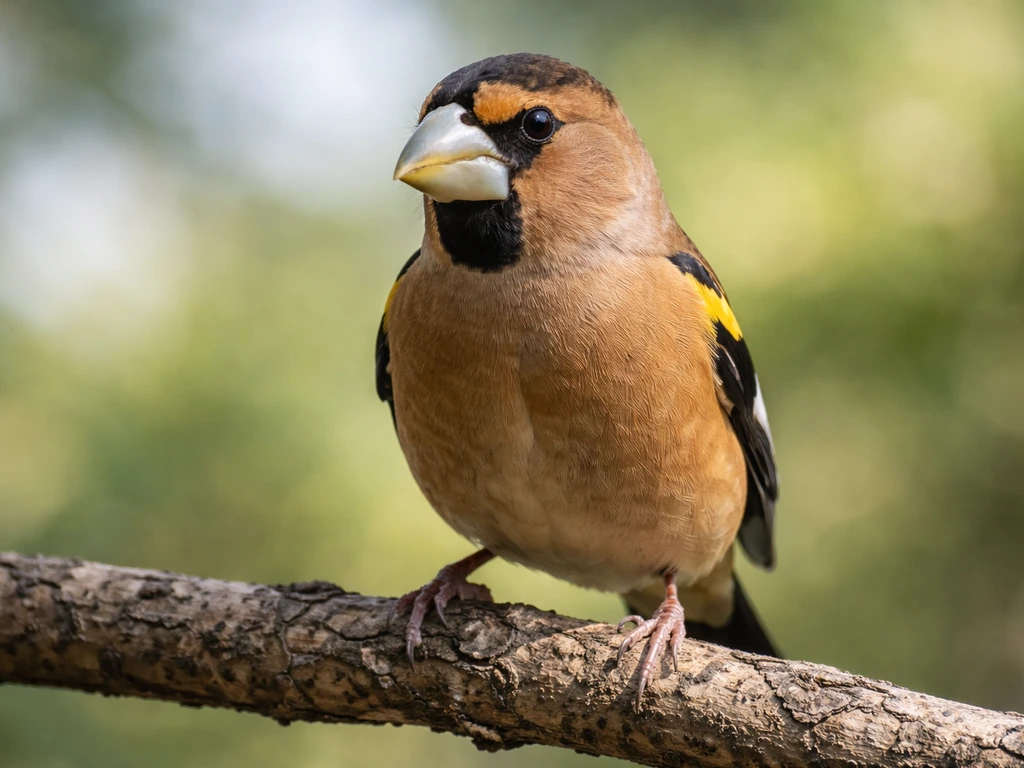 A grosbeak perched on a tree branch, its thick beak clearly visible in soft natural light.