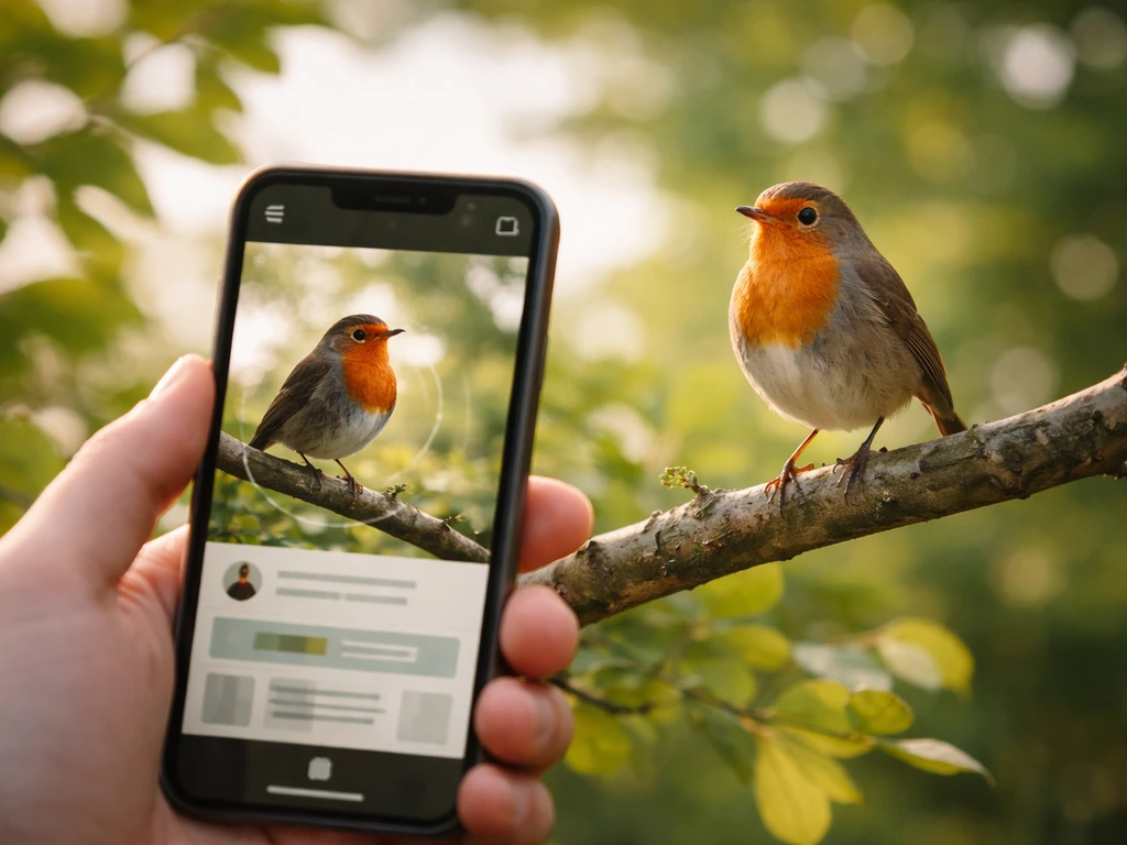 Smartphone photographing a small bird perched outdoors beside a subtle bird ID app reference UI