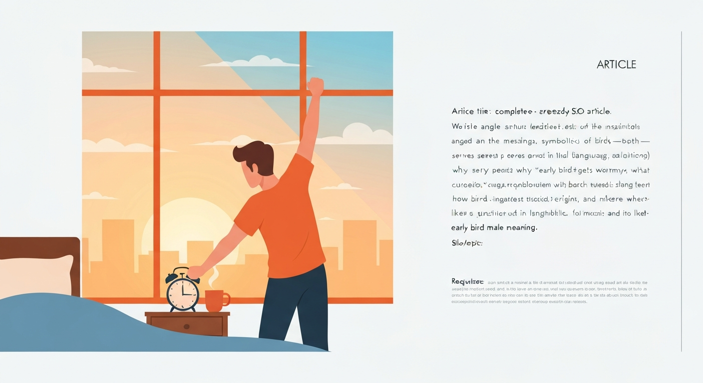 Illustration of a man stretching at a bedroom window at sunrise with an alarm clock and coffee, symbolizing an early riser.