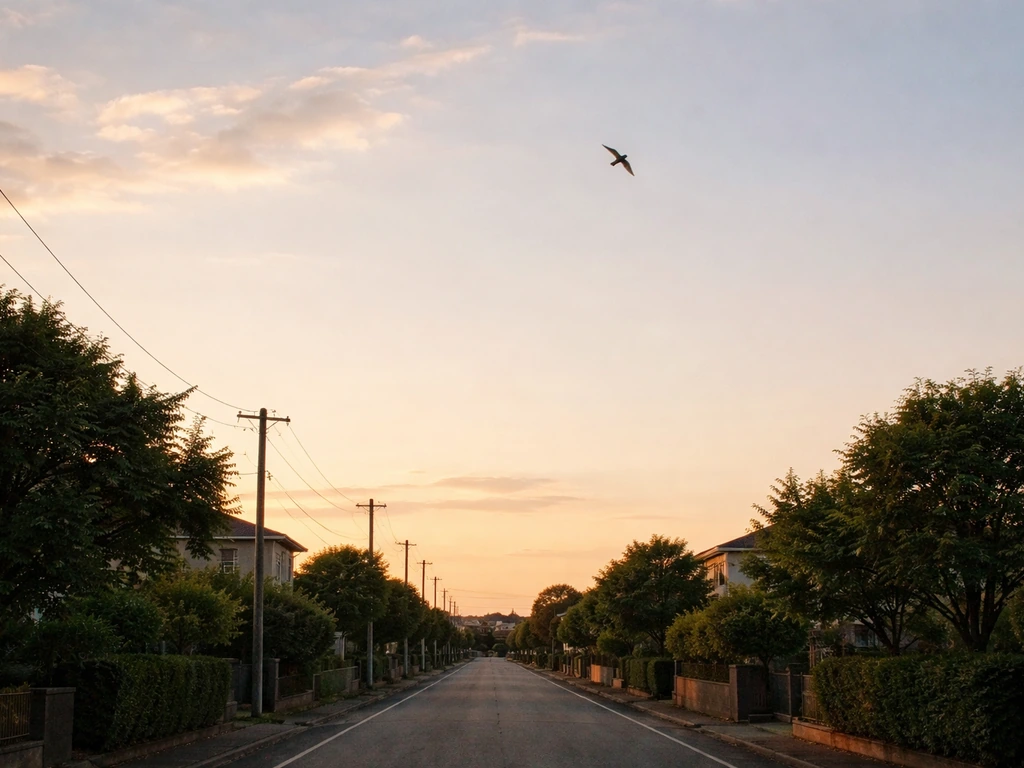 An open sky with a small bird flying above a quiet street with no people visible.