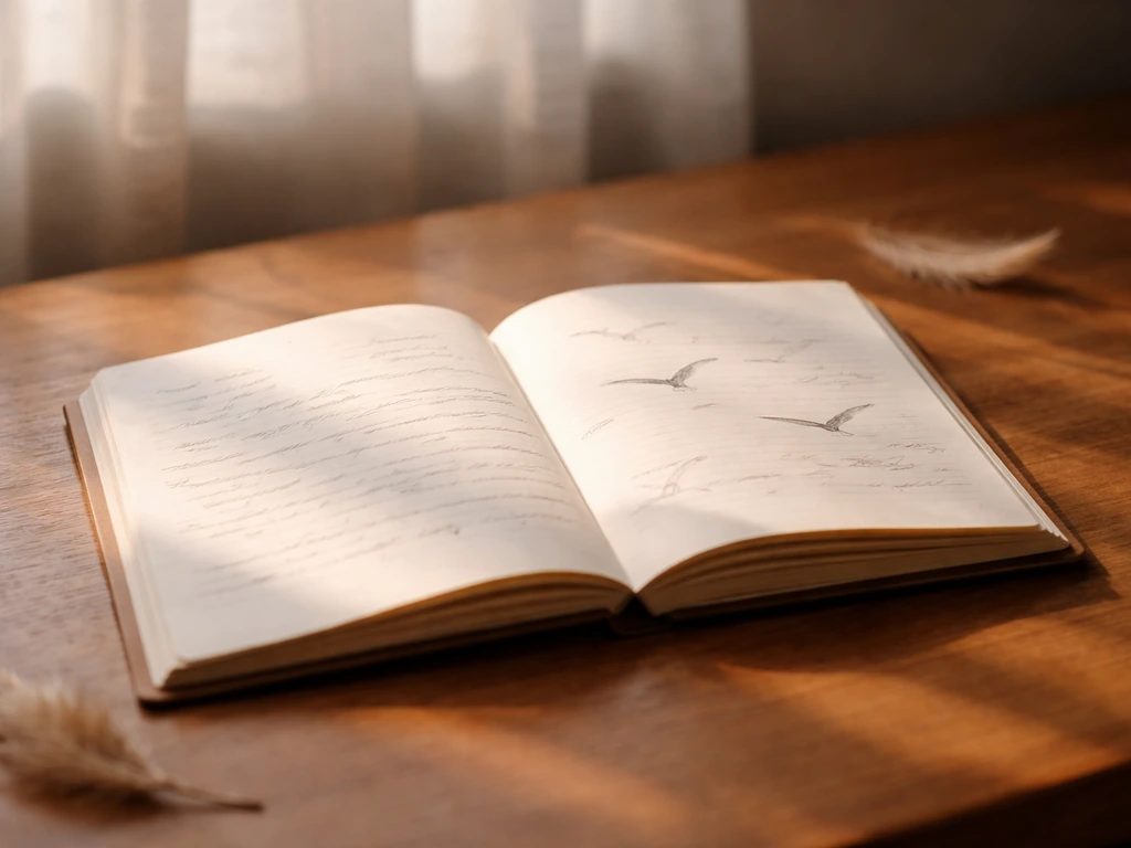 Open book on a desk with visible handwritten lines about birds and the sky, softly lit