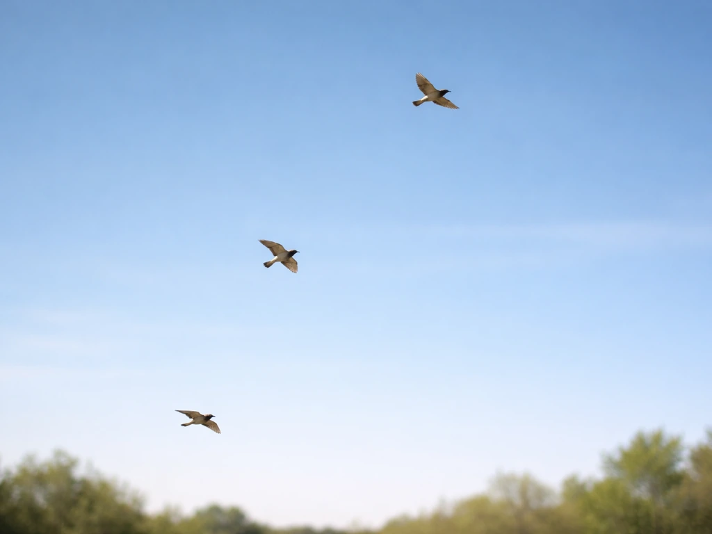 Minimal photo showing a calm sky with three simple birds at different heights, suggesting similar phrases