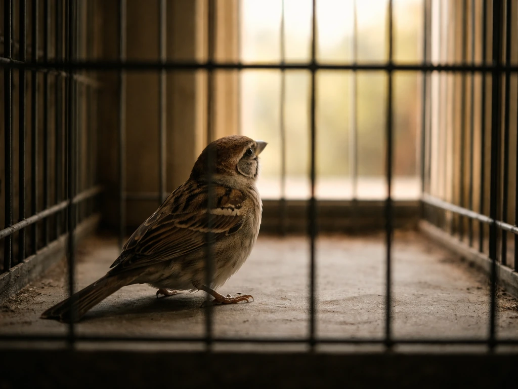 A small bird perched inside an open cage, looking toward bright outside light.