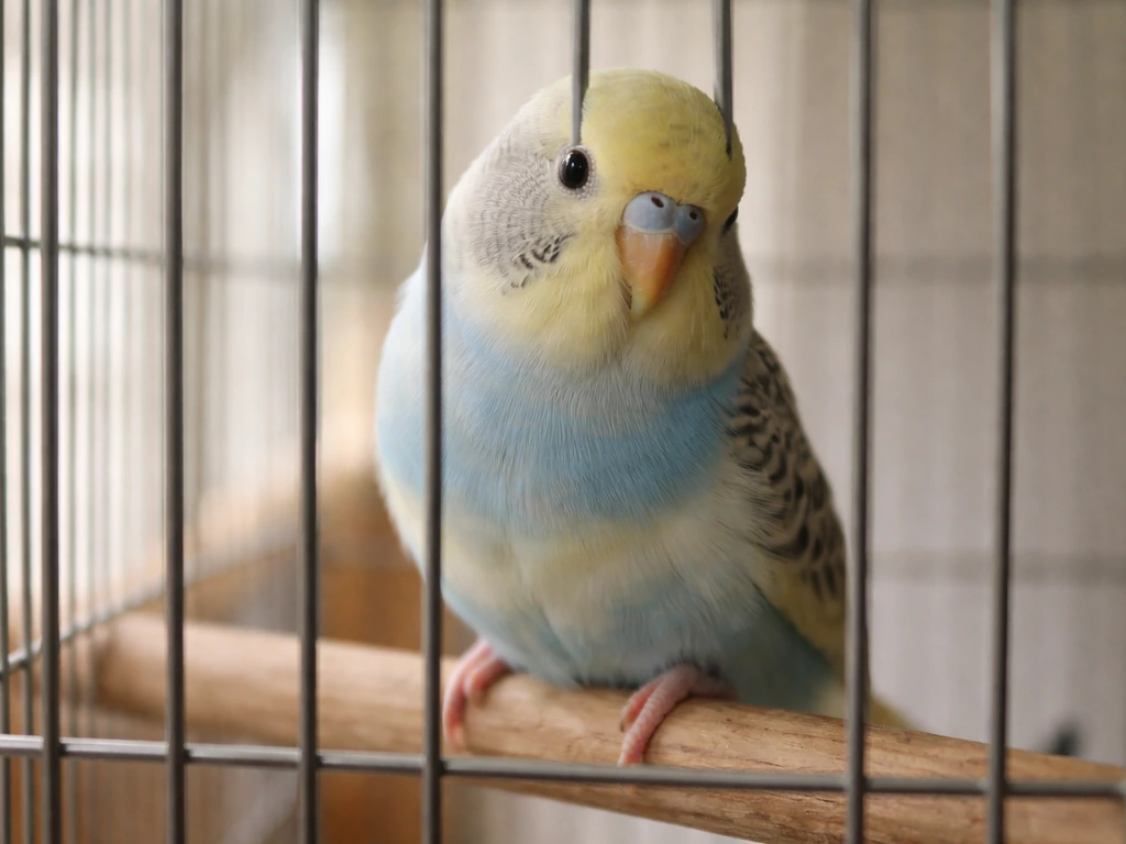 Small pet bird perched inside a simple cage with visible bars and wooden perch
