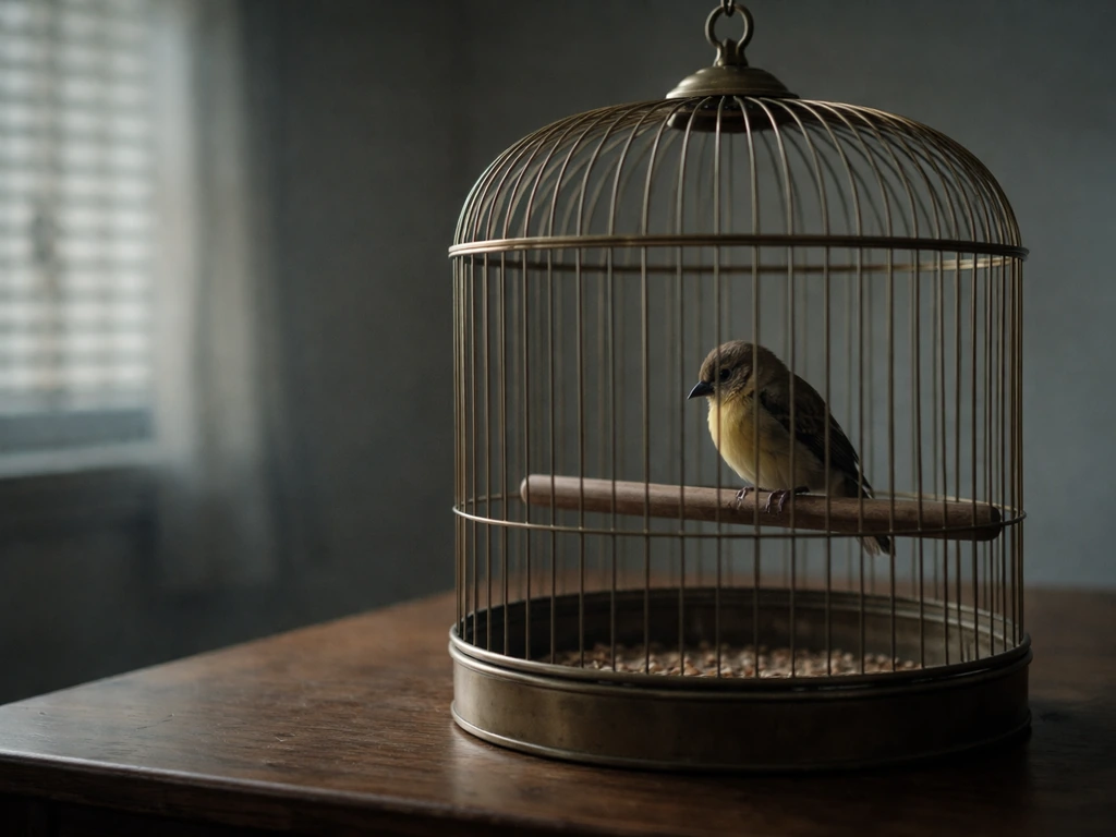 Small bird in a dim metal cage, drooped posture on a wooden table, suggesting trapped ambivalence.