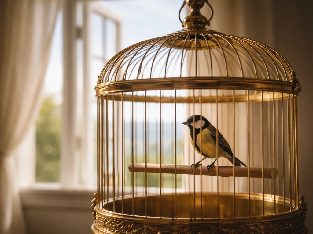 A small bird perched inside an ornate golden cage with a wide open window of natural light behind it