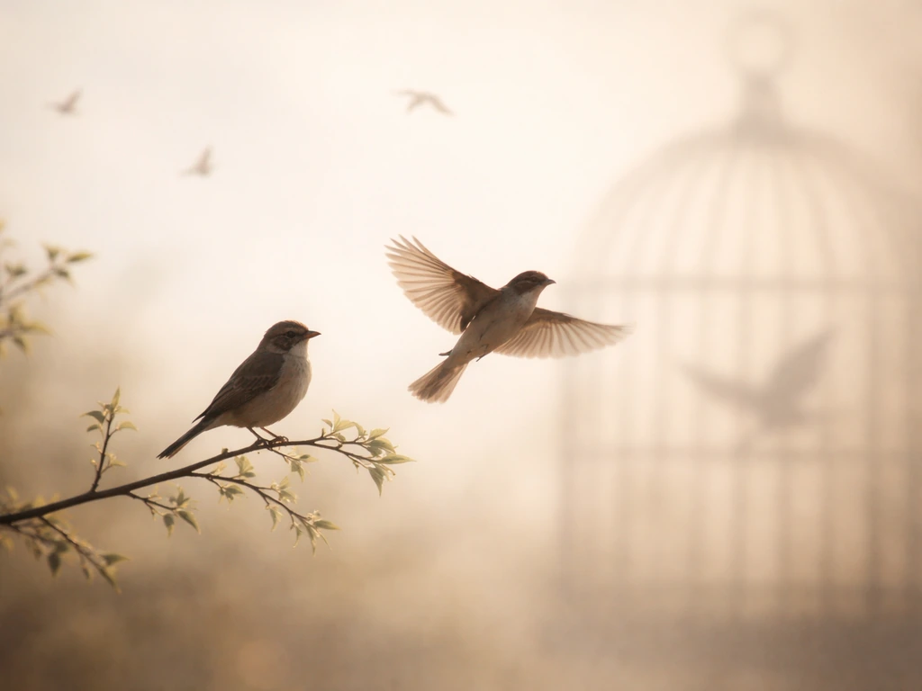Broader bird-symbolism collage with birds in flight and perched birds over a subtle cage-like shadow.