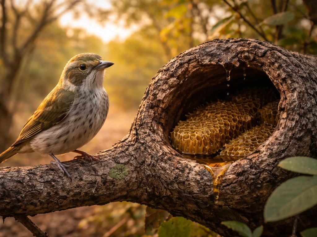 Small honeyguide-style bird perched near a honeycomb-like hive in an African woodland