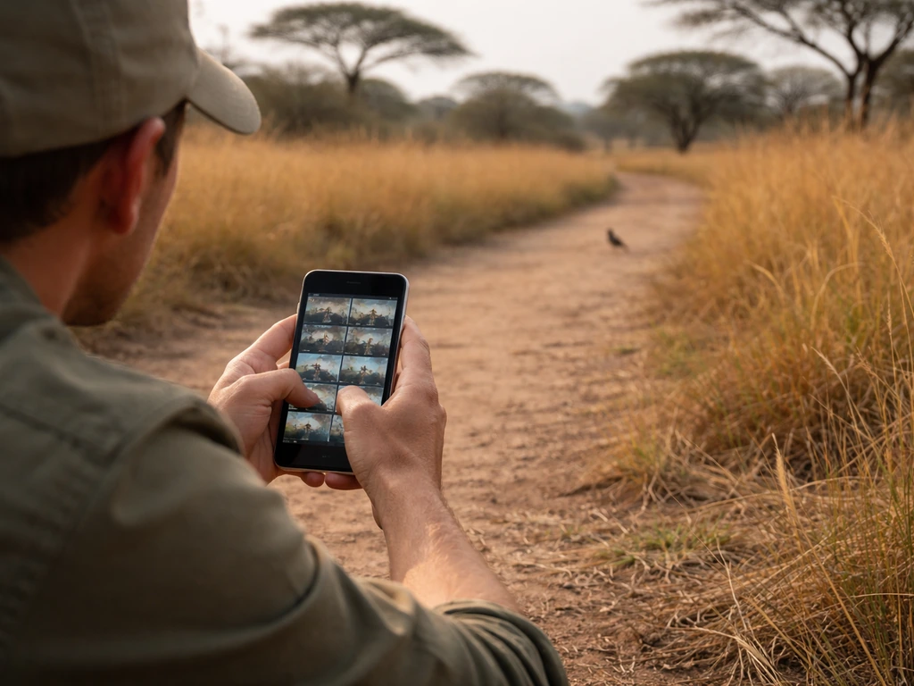Birdwatcher in African field setting comparing bird cues on a smartphone while looking at reference photos.