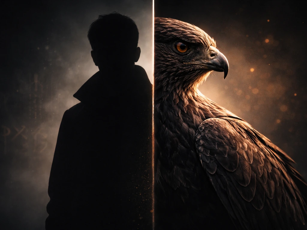 Cinematic vertical split showing an anonymous human silhouette on one side and detailed feathers on the other.