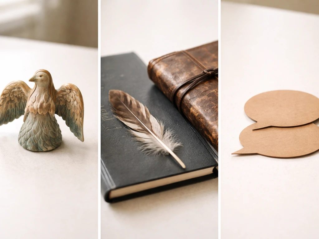 Minimal tabletop split scene with a bird-hybrid figurine, a feather and journal, and blank speech bubbles.