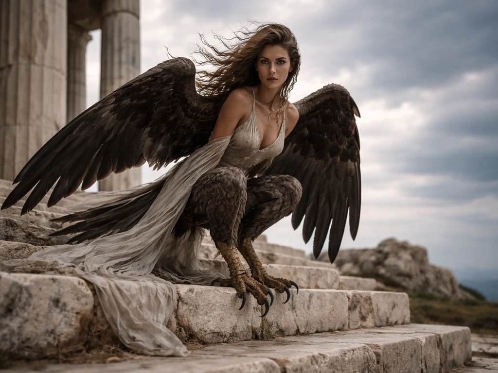 Ancient ruin scene with a single half-woman, half-bird harpy perched on temple stairs.