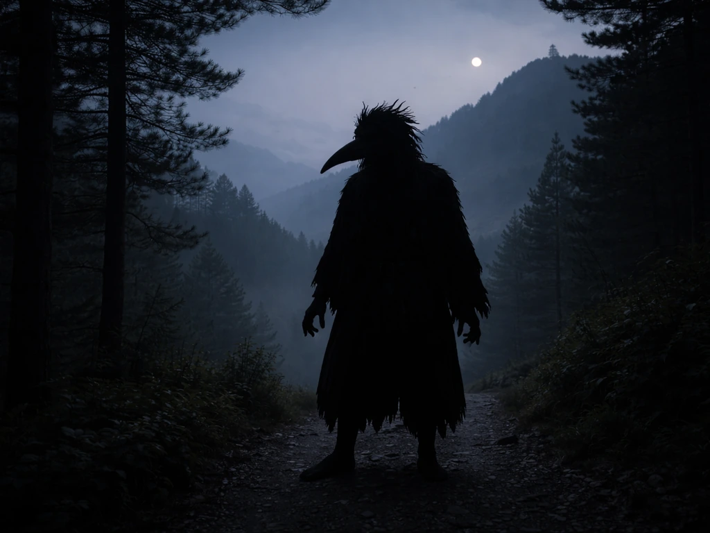 Eerie Japanese tengu bird-man silhouette on a misty mountain trail at dusk, no wings visible.