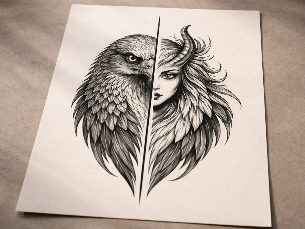 Close-up of a split tattoo design showing a bird on one half and a hybrid creature motif on the other.