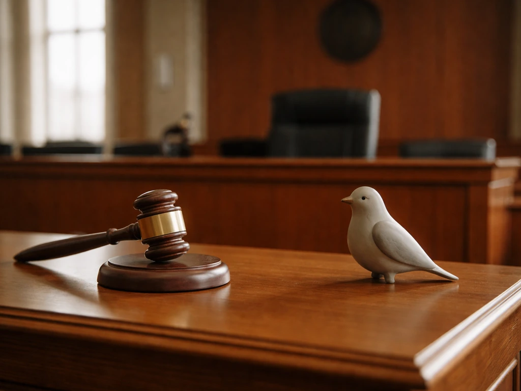 Courtroom scene with a stylized bird perched near a judge’s bench and gavel, symbolizing judgment.