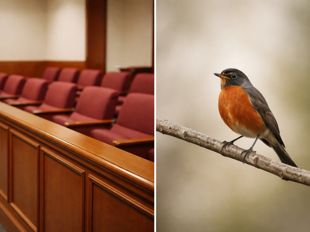 Split image: empty courtroom jury seats on one side and a perched bird on the other.