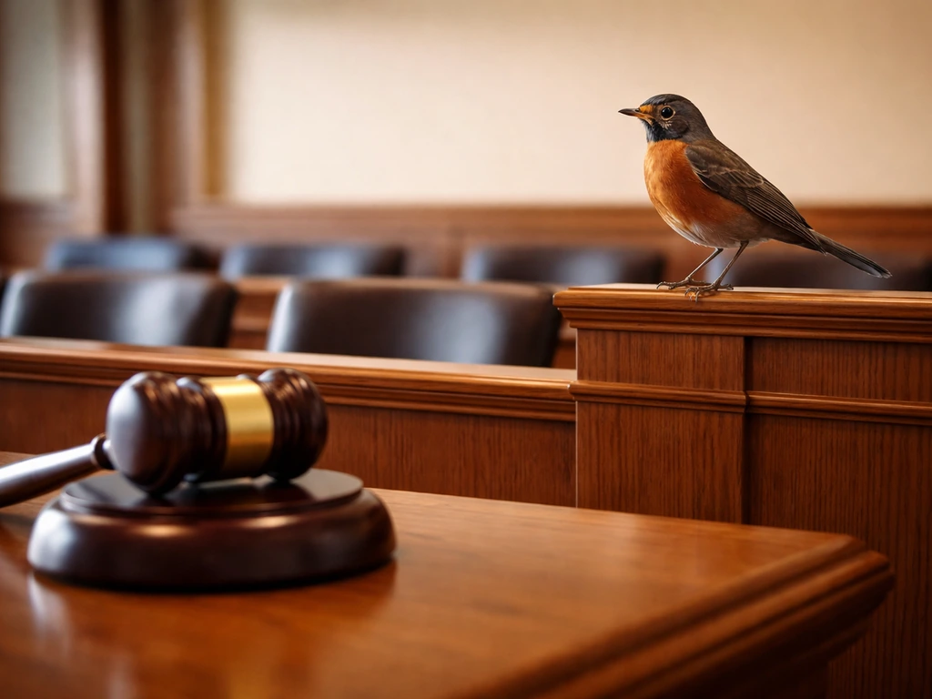 An illustrated bird perched above a blurred jury bench and closed gavel, symbolizing collective judgment