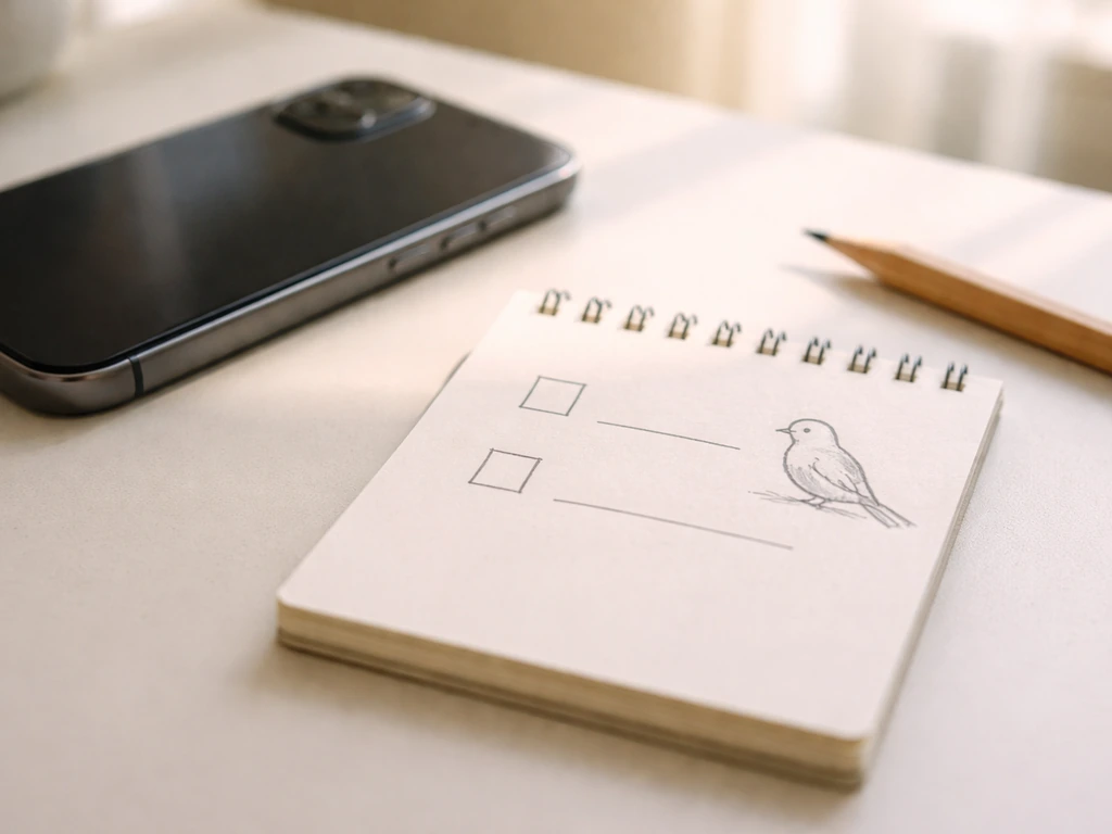 Close-up of a phone and notepad checklist with a small watchful bird icon, hinting at context checking.