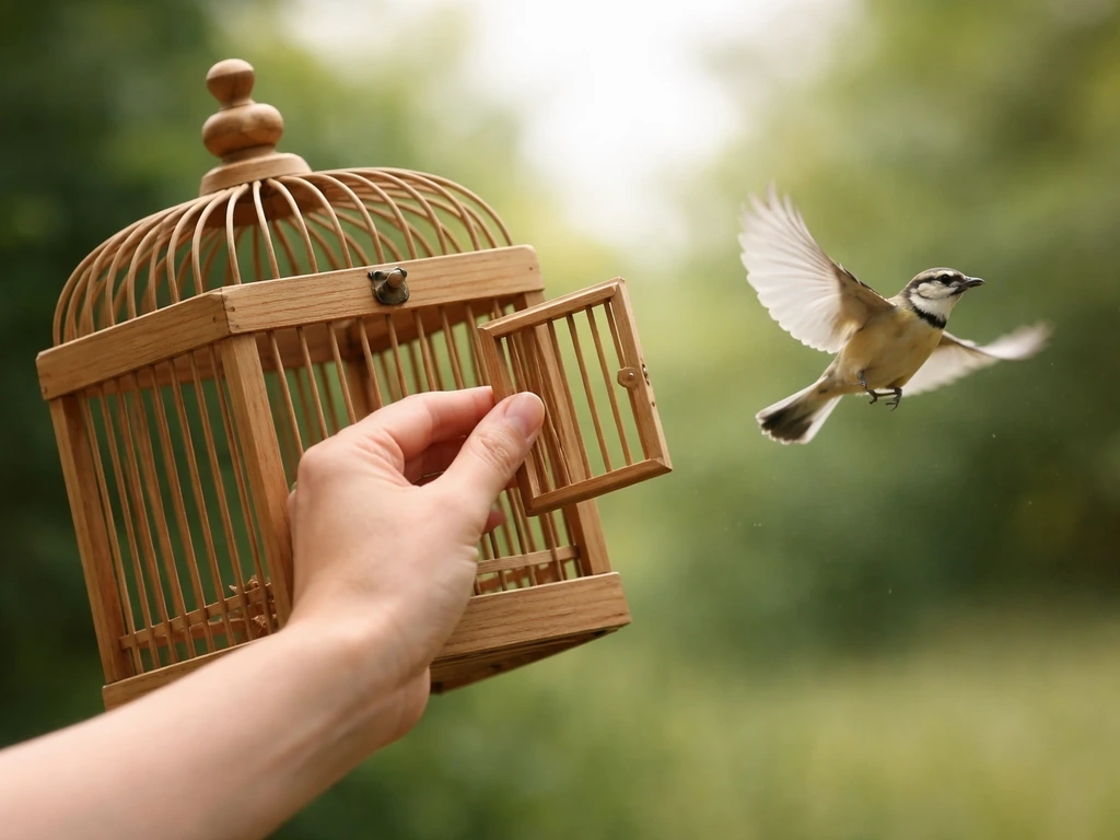 Hand opening a small birdcage door as a bird escapes into open air