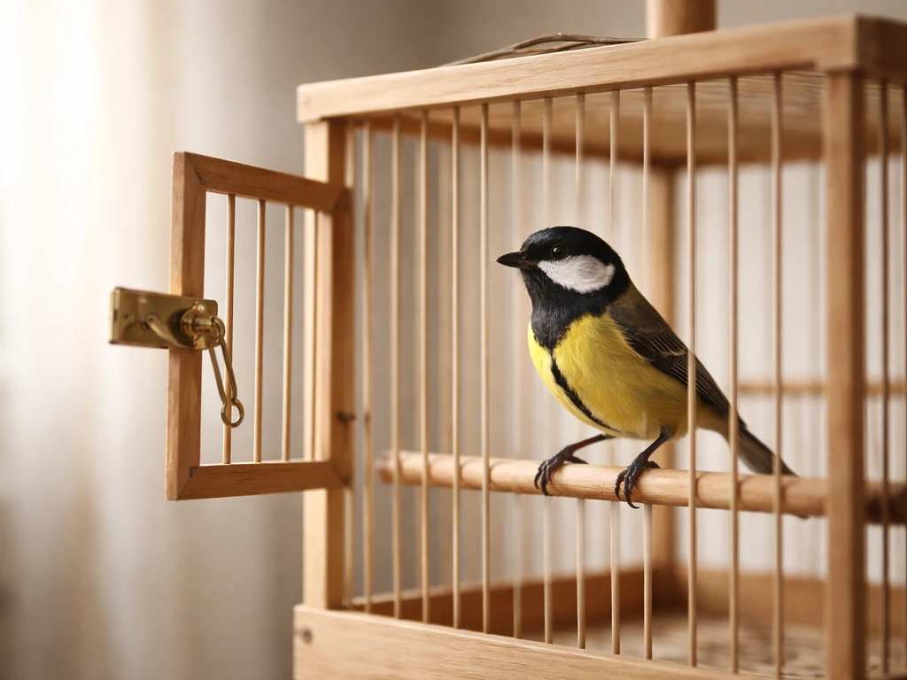 A small bird perched inside an open cage with the door unlatched, symbolizing release.